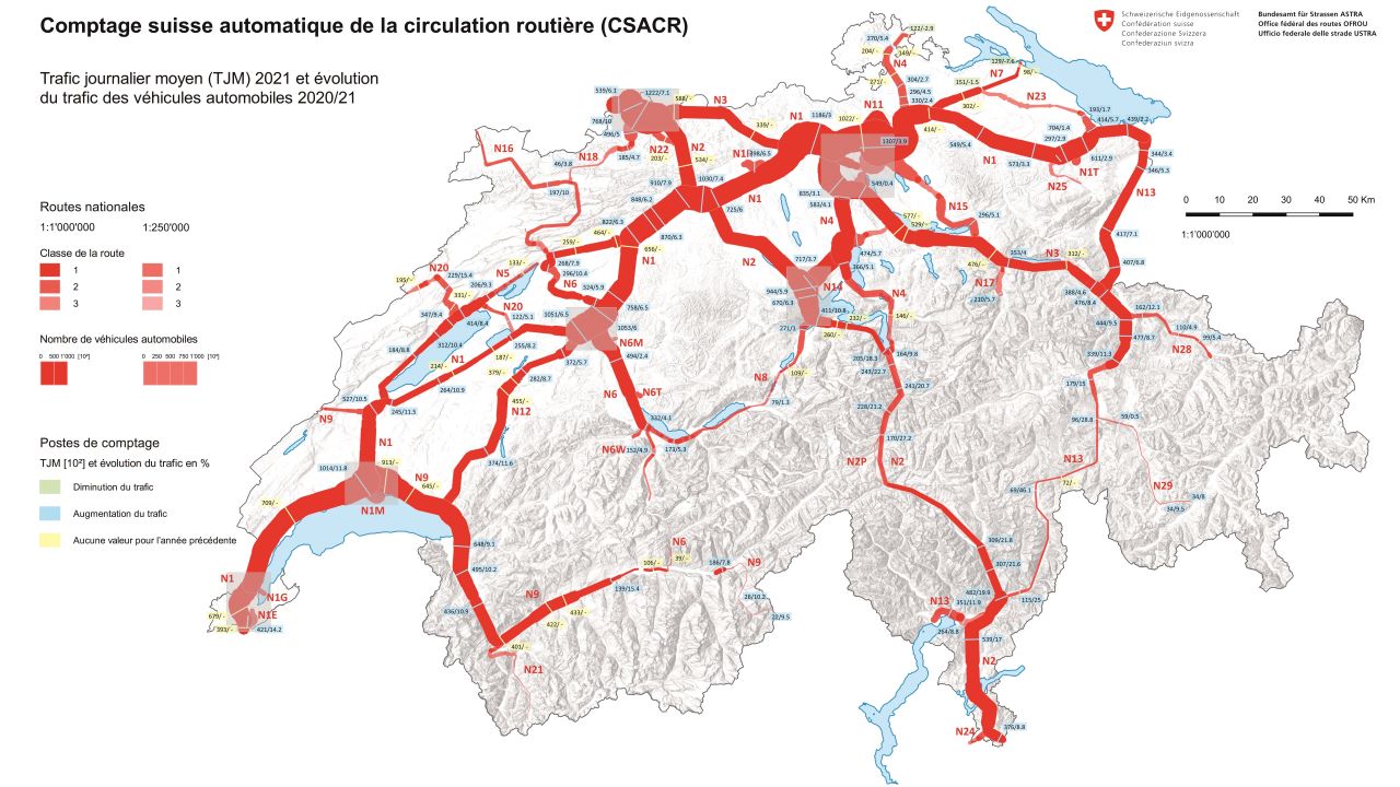 La carte des débits sur les routes nationales en 2021 de l'OFROU.